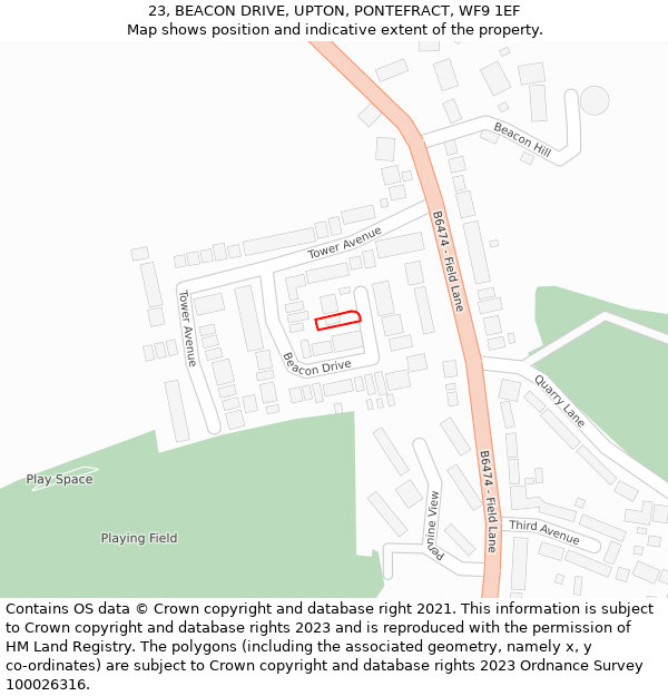 23, BEACON DRIVE, UPTON, PONTEFRACT, WF9 1EF: Location map and indicative extent of plot