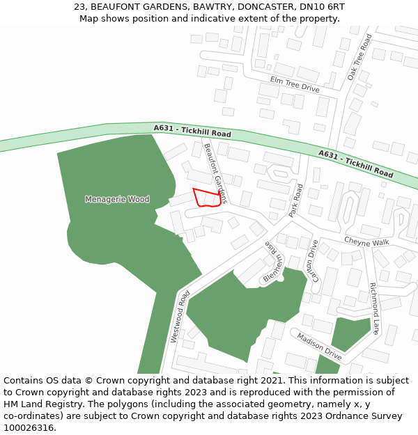 23, BEAUFONT GARDENS, BAWTRY, DONCASTER, DN10 6RT: Location map and indicative extent of plot