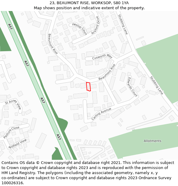 23, BEAUMONT RISE, WORKSOP, S80 1YA: Location map and indicative extent of plot