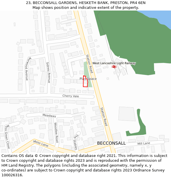 23, BECCONSALL GARDENS, HESKETH BANK, PRESTON, PR4 6EN: Location map and indicative extent of plot