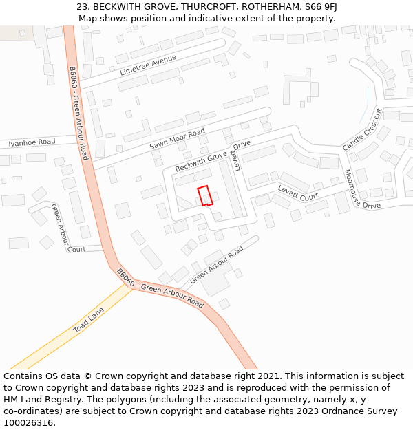 23, BECKWITH GROVE, THURCROFT, ROTHERHAM, S66 9FJ: Location map and indicative extent of plot