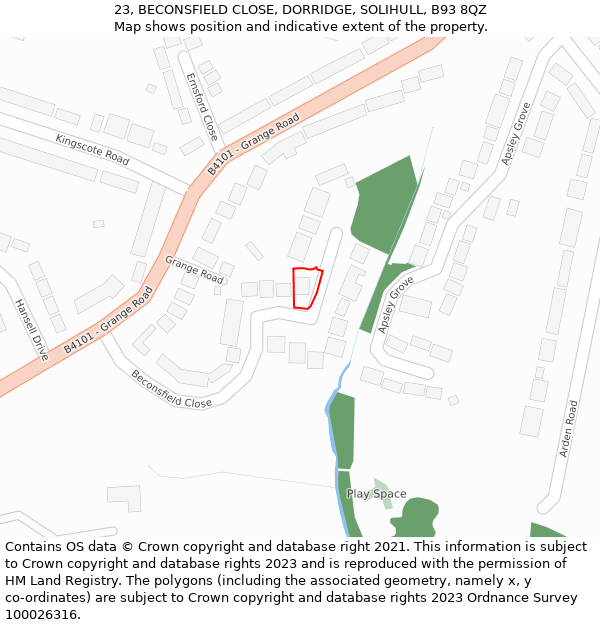 23, BECONSFIELD CLOSE, DORRIDGE, SOLIHULL, B93 8QZ: Location map and indicative extent of plot