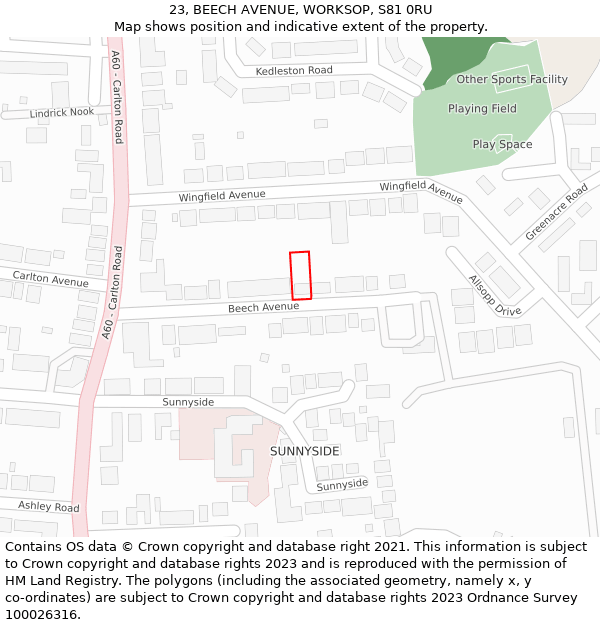 23, BEECH AVENUE, WORKSOP, S81 0RU: Location map and indicative extent of plot