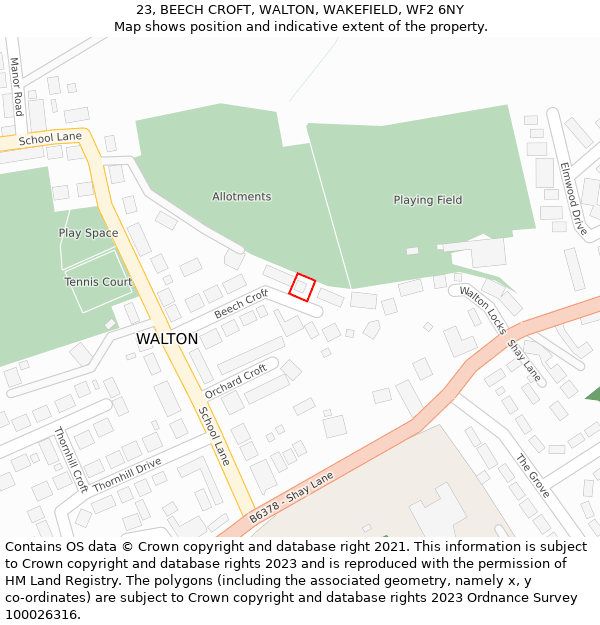 23, BEECH CROFT, WALTON, WAKEFIELD, WF2 6NY: Location map and indicative extent of plot