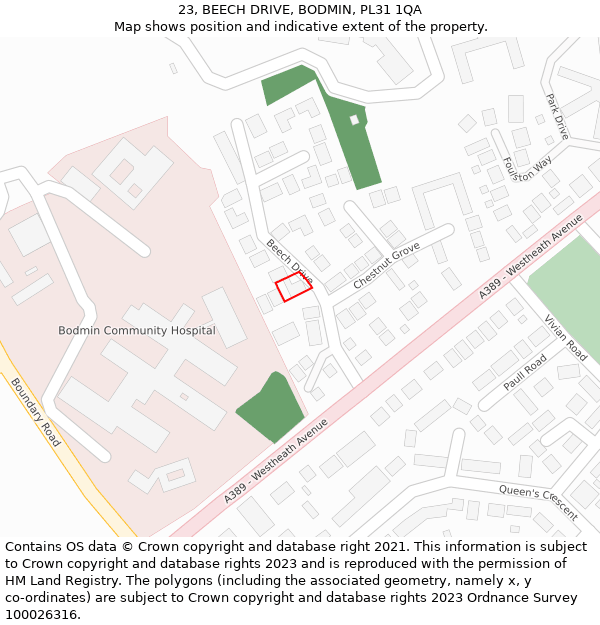 23, BEECH DRIVE, BODMIN, PL31 1QA: Location map and indicative extent of plot