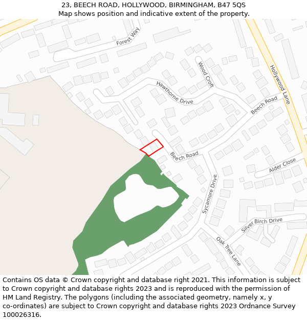 23, BEECH ROAD, HOLLYWOOD, BIRMINGHAM, B47 5QS: Location map and indicative extent of plot