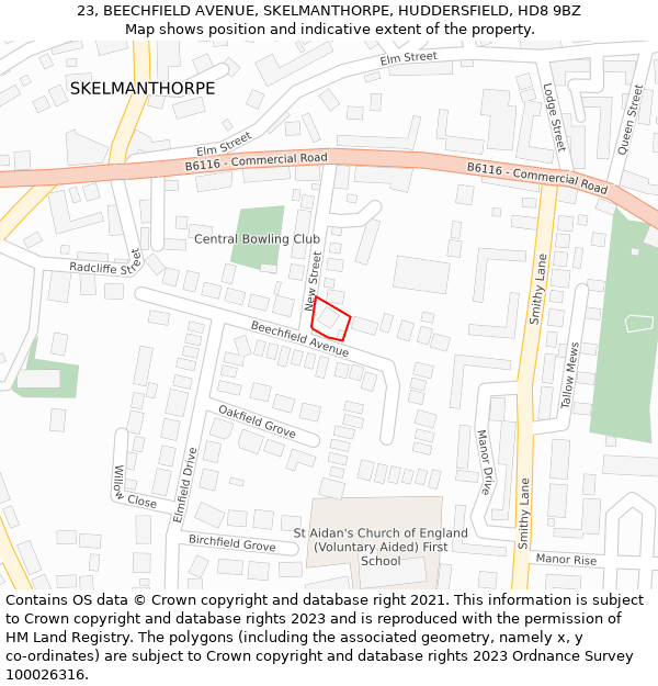 23, BEECHFIELD AVENUE, SKELMANTHORPE, HUDDERSFIELD, HD8 9BZ: Location map and indicative extent of plot