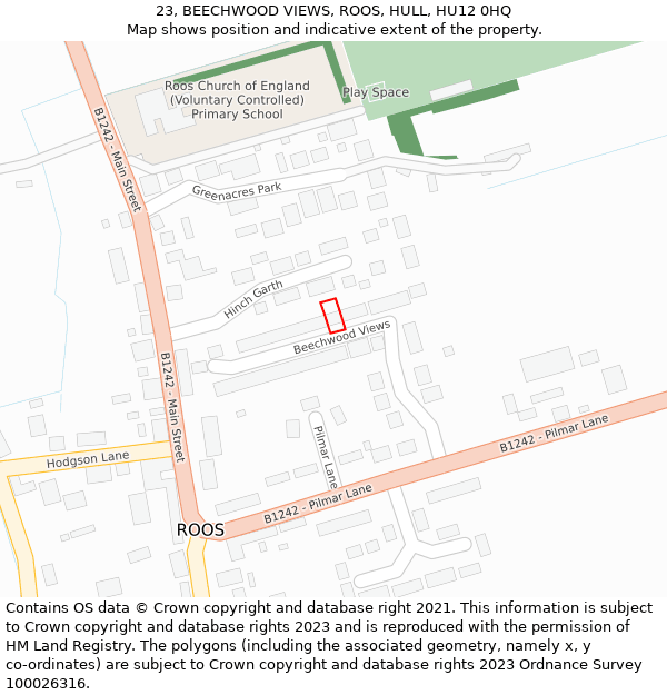 23, BEECHWOOD VIEWS, ROOS, HULL, HU12 0HQ: Location map and indicative extent of plot