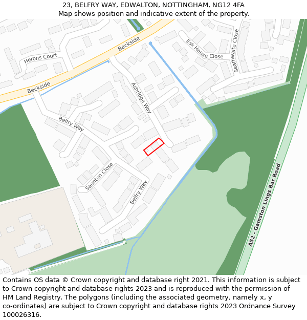 23, BELFRY WAY, EDWALTON, NOTTINGHAM, NG12 4FA: Location map and indicative extent of plot