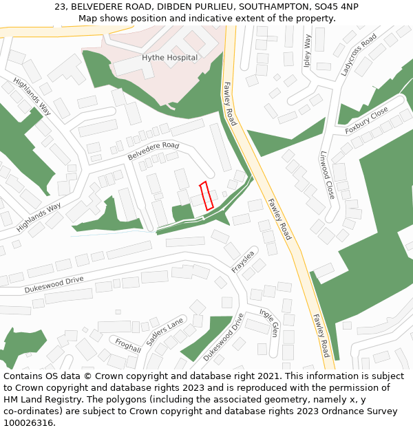 23, BELVEDERE ROAD, DIBDEN PURLIEU, SOUTHAMPTON, SO45 4NP: Location map and indicative extent of plot