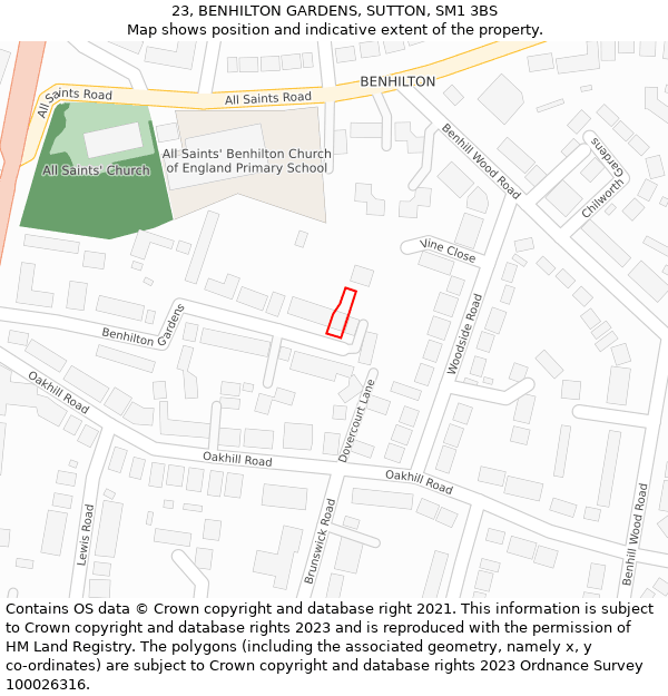 23, BENHILTON GARDENS, SUTTON, SM1 3BS: Location map and indicative extent of plot