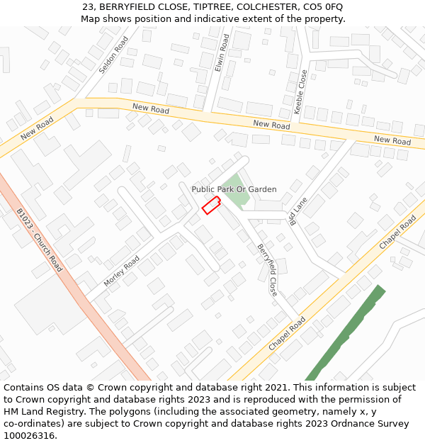 23, BERRYFIELD CLOSE, TIPTREE, COLCHESTER, CO5 0FQ: Location map and indicative extent of plot