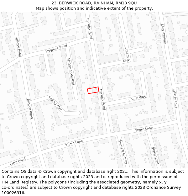 23, BERWICK ROAD, RAINHAM, RM13 9QU: Location map and indicative extent of plot