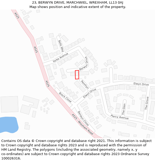 23, BERWYN DRIVE, MARCHWIEL, WREXHAM, LL13 0AJ: Location map and indicative extent of plot