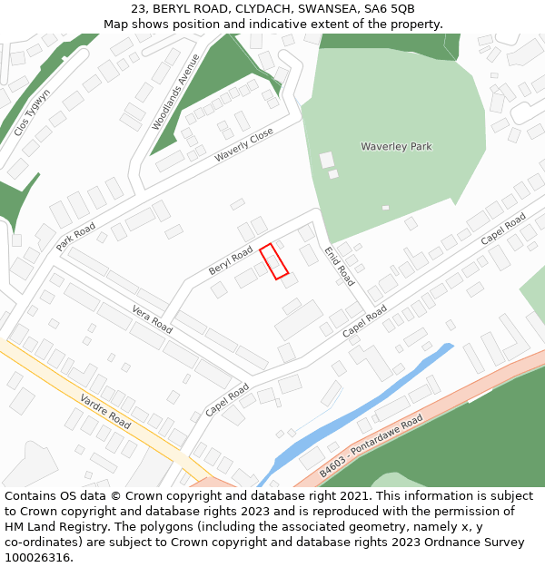 23, BERYL ROAD, CLYDACH, SWANSEA, SA6 5QB: Location map and indicative extent of plot