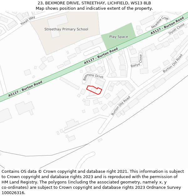 23, BEXMORE DRIVE, STREETHAY, LICHFIELD, WS13 8LB: Location map and indicative extent of plot