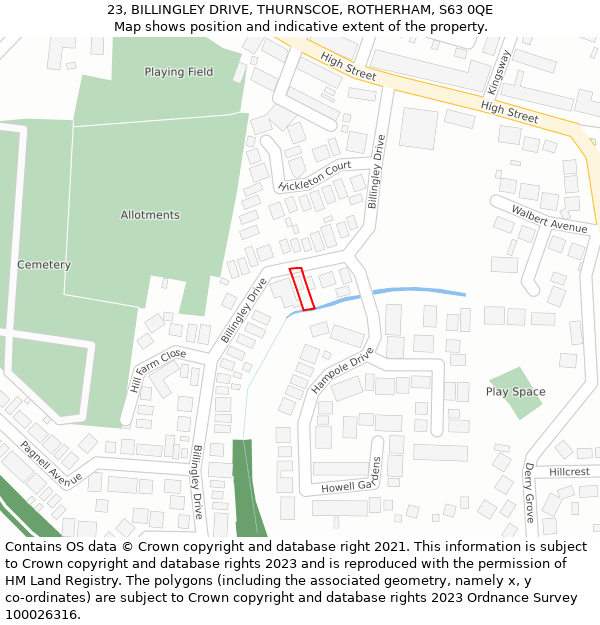 23, BILLINGLEY DRIVE, THURNSCOE, ROTHERHAM, S63 0QE: Location map and indicative extent of plot