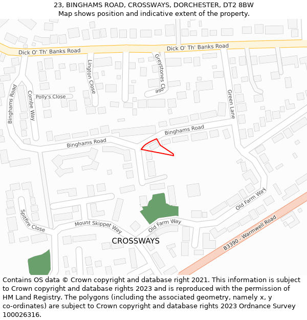 23, BINGHAMS ROAD, CROSSWAYS, DORCHESTER, DT2 8BW: Location map and indicative extent of plot
