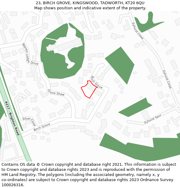 23, BIRCH GROVE, KINGSWOOD, TADWORTH, KT20 6QU: Location map and indicative extent of plot