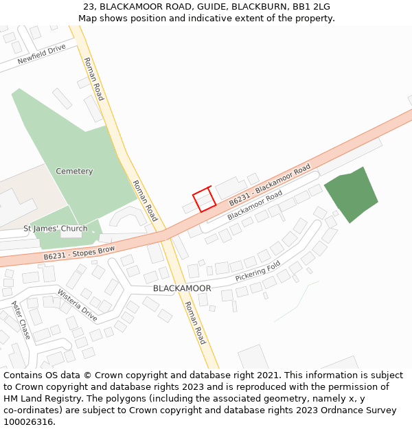 23, BLACKAMOOR ROAD, GUIDE, BLACKBURN, BB1 2LG: Location map and indicative extent of plot