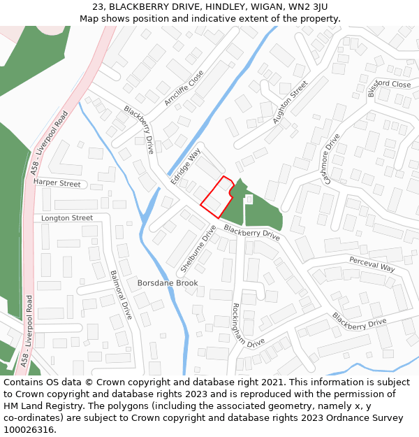 23, BLACKBERRY DRIVE, HINDLEY, WIGAN, WN2 3JU: Location map and indicative extent of plot