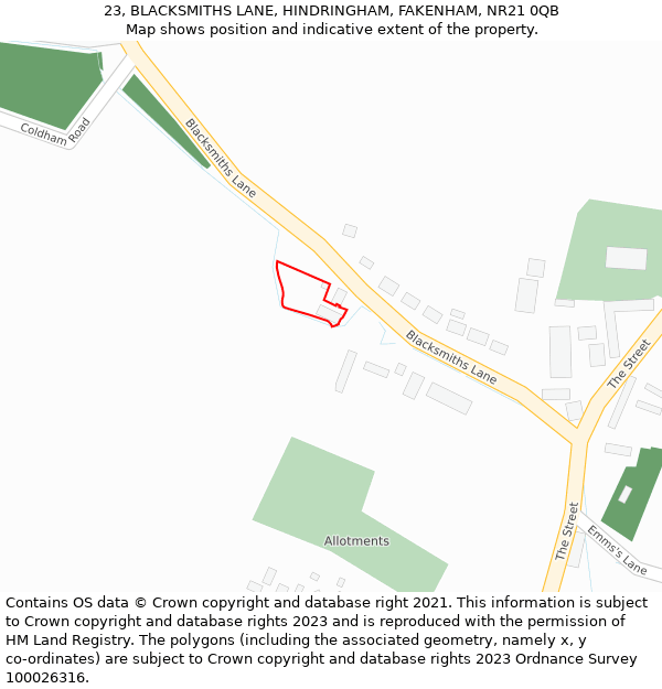 23, BLACKSMITHS LANE, HINDRINGHAM, FAKENHAM, NR21 0QB: Location map and indicative extent of plot