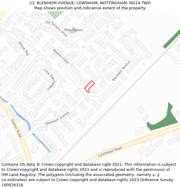 23, BLENHEIM AVENUE, LOWDHAM, NOTTINGHAM, NG14 7WD: Location map and indicative extent of plot