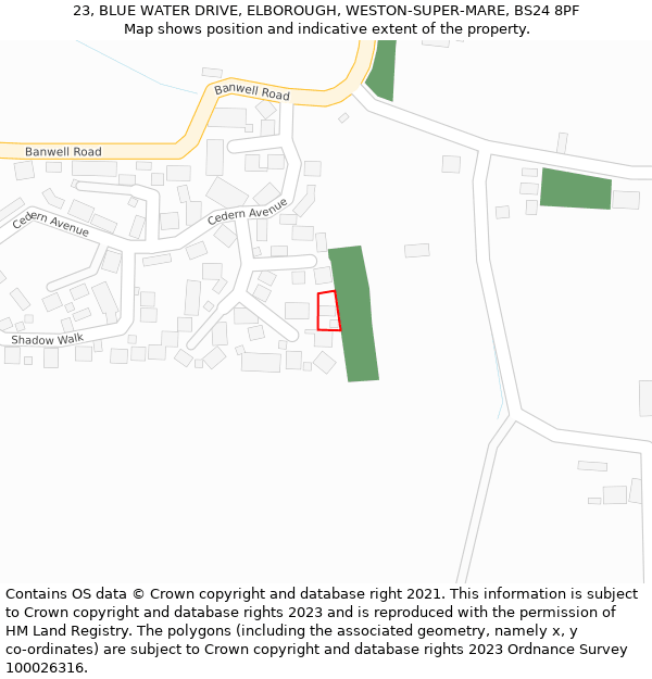 23, BLUE WATER DRIVE, ELBOROUGH, WESTON-SUPER-MARE, BS24 8PF: Location map and indicative extent of plot