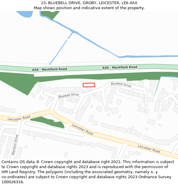 23, BLUEBELL DRIVE, GROBY, LEICESTER, LE6 0AX: Location map and indicative extent of plot