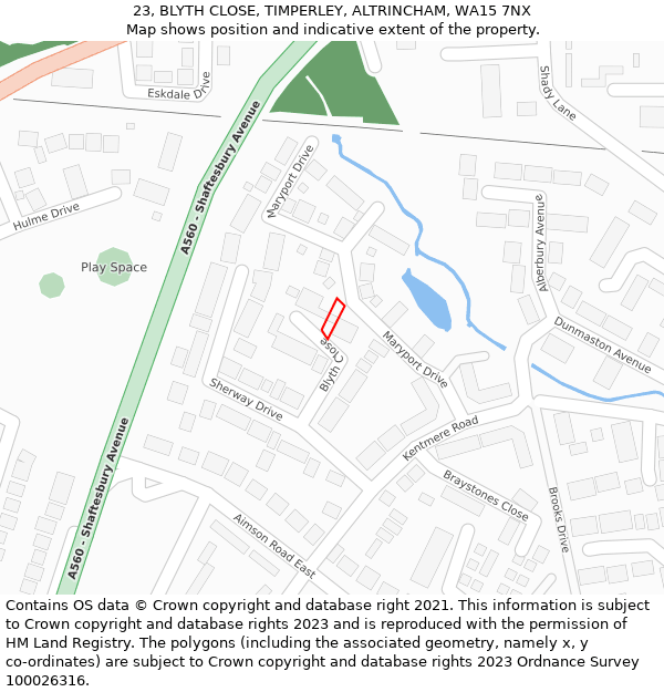 23, BLYTH CLOSE, TIMPERLEY, ALTRINCHAM, WA15 7NX: Location map and indicative extent of plot