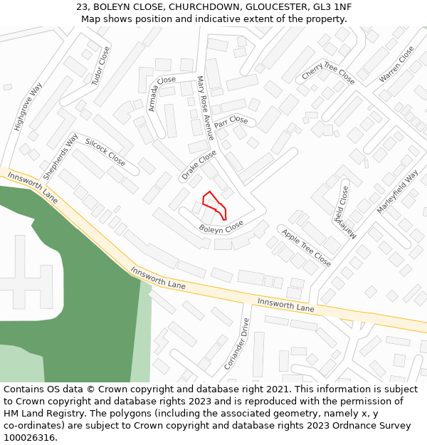 23, BOLEYN CLOSE, CHURCHDOWN, GLOUCESTER, GL3 1NF: Location map and indicative extent of plot