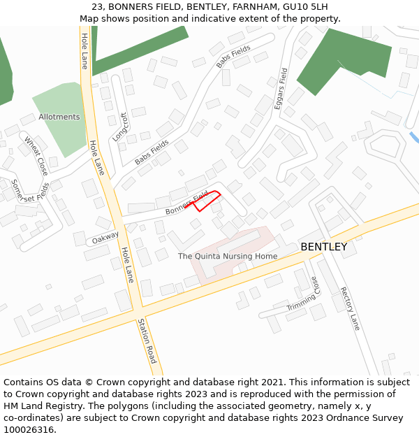 23, BONNERS FIELD, BENTLEY, FARNHAM, GU10 5LH: Location map and indicative extent of plot