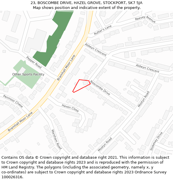 23, BOSCOMBE DRIVE, HAZEL GROVE, STOCKPORT, SK7 5JA: Location map and indicative extent of plot