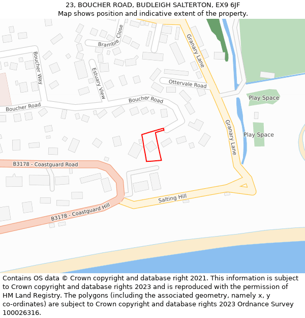 23, BOUCHER ROAD, BUDLEIGH SALTERTON, EX9 6JF: Location map and indicative extent of plot