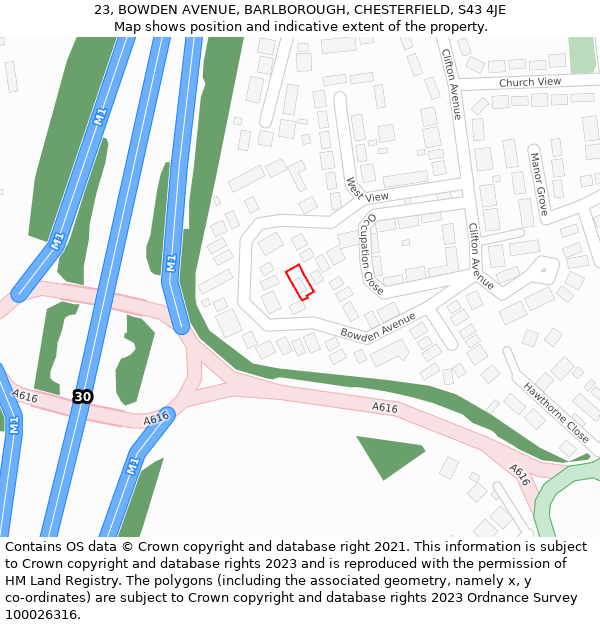 23, BOWDEN AVENUE, BARLBOROUGH, CHESTERFIELD, S43 4JE: Location map and indicative extent of plot