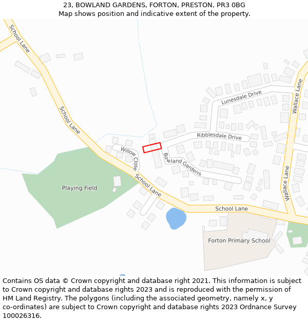 23, BOWLAND GARDENS, FORTON, PRESTON, PR3 0BG: Location map and indicative extent of plot