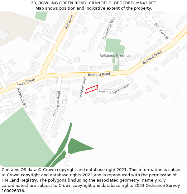 23, BOWLING GREEN ROAD, CRANFIELD, BEDFORD, MK43 0ET: Location map and indicative extent of plot