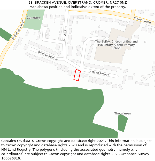 23, BRACKEN AVENUE, OVERSTRAND, CROMER, NR27 0NZ: Location map and indicative extent of plot