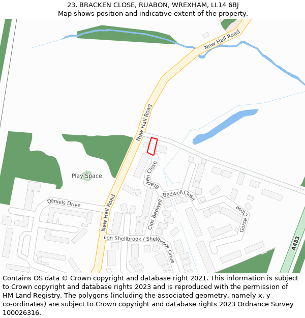 23, BRACKEN CLOSE, RUABON, WREXHAM, LL14 6BJ: Location map and indicative extent of plot