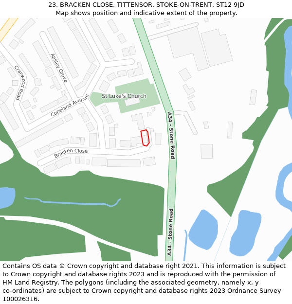 23, BRACKEN CLOSE, TITTENSOR, STOKE-ON-TRENT, ST12 9JD: Location map and indicative extent of plot