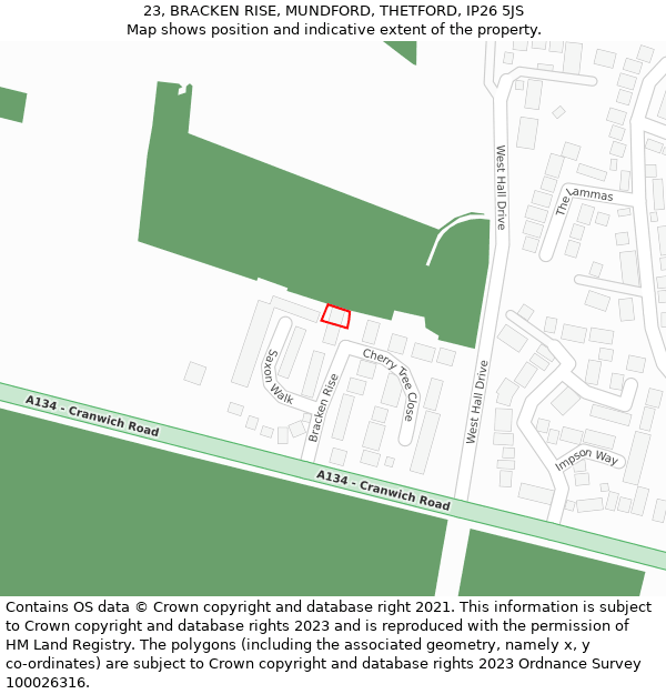 23, BRACKEN RISE, MUNDFORD, THETFORD, IP26 5JS: Location map and indicative extent of plot