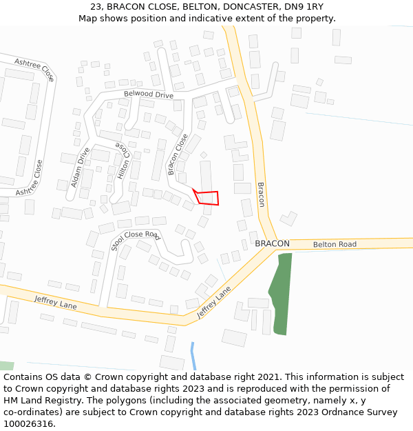 23, BRACON CLOSE, BELTON, DONCASTER, DN9 1RY: Location map and indicative extent of plot