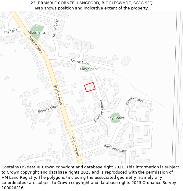 23, BRAMBLE CORNER, LANGFORD, BIGGLESWADE, SG18 9FQ: Location map and indicative extent of plot