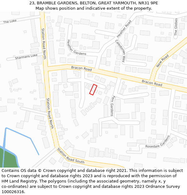 23, BRAMBLE GARDENS, BELTON, GREAT YARMOUTH, NR31 9PE: Location map and indicative extent of plot