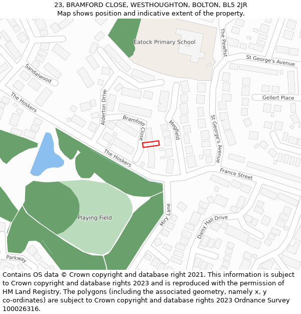 23, BRAMFORD CLOSE, WESTHOUGHTON, BOLTON, BL5 2JR: Location map and indicative extent of plot