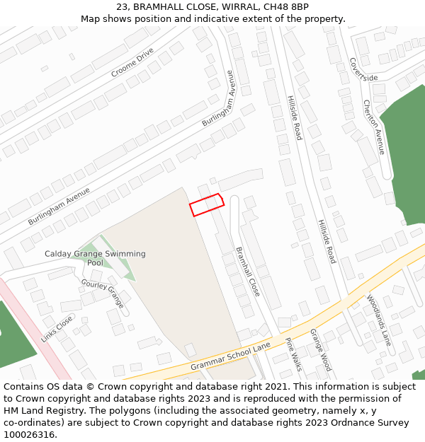 23, BRAMHALL CLOSE, WIRRAL, CH48 8BP: Location map and indicative extent of plot