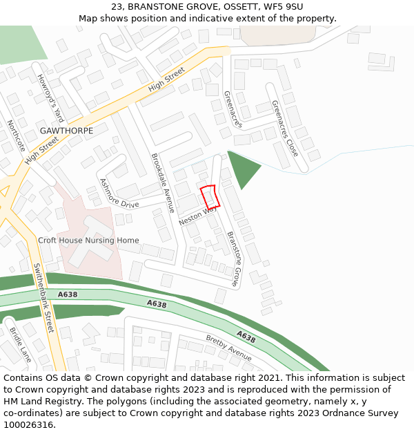 23, BRANSTONE GROVE, OSSETT, WF5 9SU: Location map and indicative extent of plot