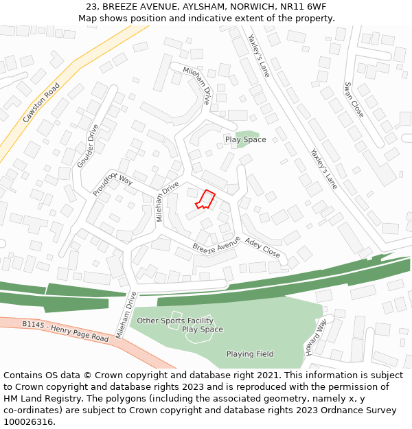 23, BREEZE AVENUE, AYLSHAM, NORWICH, NR11 6WF: Location map and indicative extent of plot