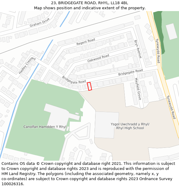 23, BRIDGEGATE ROAD, RHYL, LL18 4BL: Location map and indicative extent of plot