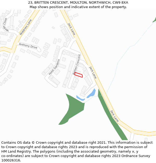 23, BRITTEN CRESCENT, MOULTON, NORTHWICH, CW9 8XA: Location map and indicative extent of plot